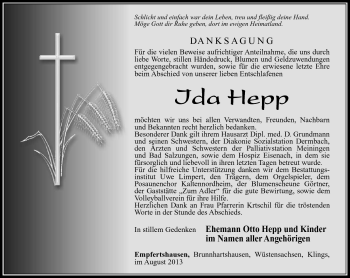 Traueranzeige von Ida Hepp von Südthüringer Presse