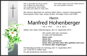 Traueranzeige von Manfred Hohenberger von Frankenpost