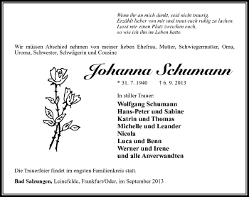 Traueranzeige von Johanna Schumann von Südthüringer Presse