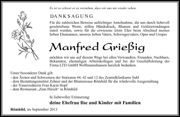 Traueranzeige von Manfred Grießig von Südthüringer Presse