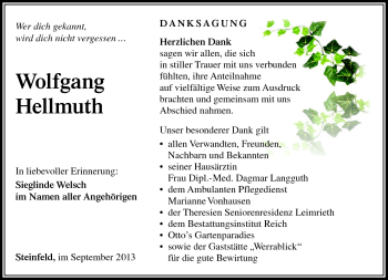 Traueranzeige von WolfgangWolfgang HellmuthHellmuth von Südthüringer Presse