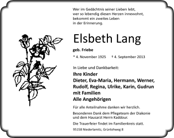 Traueranzeige von Elsbeth Lang von Frankenpost