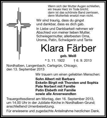 Traueranzeige von Klara Förber von Frankenpost
