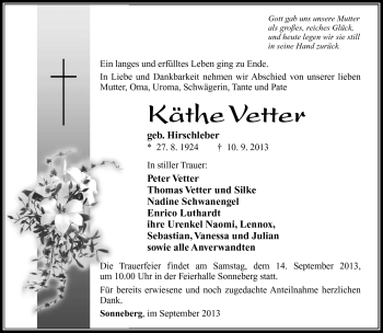 Traueranzeige von Käthe Vetter von Südthüringer Presse
