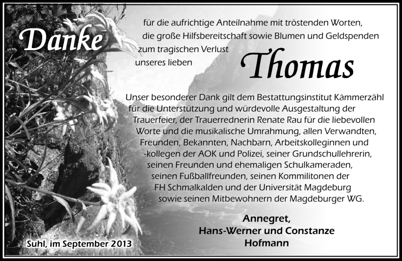  Traueranzeige für Thomas Hofmann vom 13.09.2013 aus Südthüringer Presse