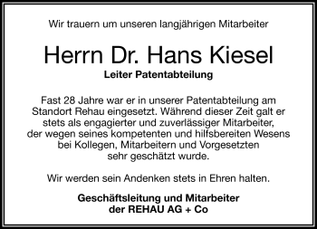 Traueranzeige von Hans Kiesel von Frankenpost