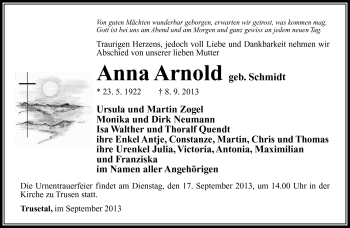 Traueranzeige von Anna Arnold von Südthüringer Presse
