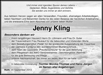 Traueranzeige von Jenny Kling von Südthüringer Presse