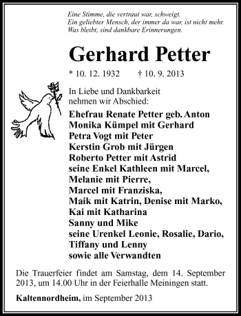 Traueranzeige von Gerhard Petter von Südthüringer Presse