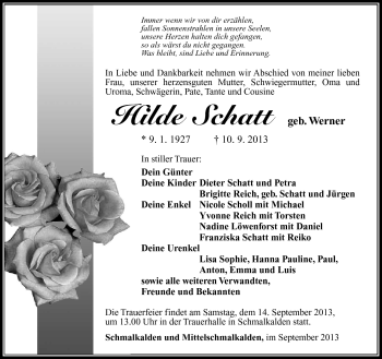 Traueranzeige von Hilde Schatt von Südthüringer Presse