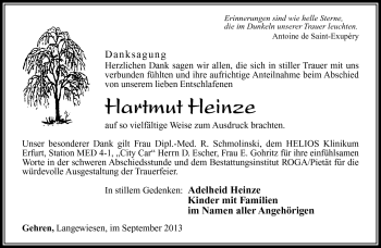 Traueranzeige von Hartmut Heinze von Südthüringer Presse