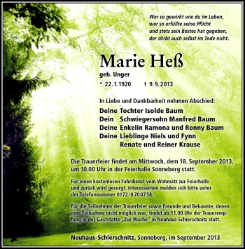 Traueranzeige von Marie Heß von Südthüringer Presse