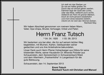 Traueranzeige von Franz Tutsch von Frankenpost