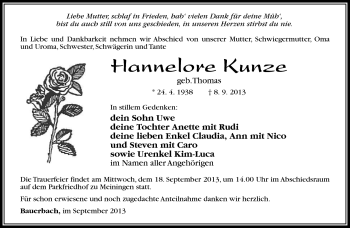 Traueranzeige von Hannelore Kunze von Südthüringer Presse
