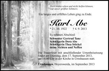 Traueranzeige von Karl Abe von Südthüringer Presse