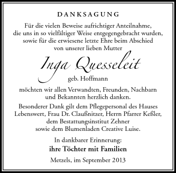 Traueranzeige von Inga Quesseleit von Südthüringer Presse
