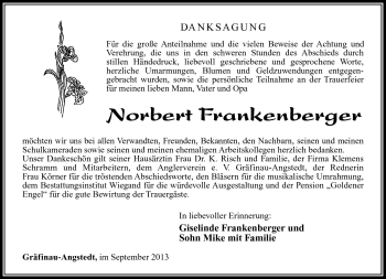 Traueranzeige von Norbert Frankenberger von Südthüringer Presse
