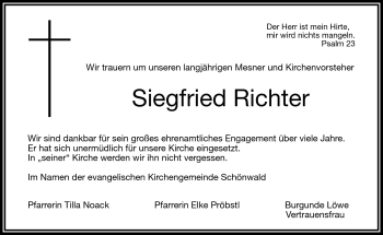 Traueranzeige von Siegfried Richter von Frankenpost
