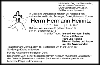 Traueranzeige von Hermann Heinritz von Frankenpost