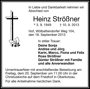 Traueranzeige von Heinz Strößner von Frankenpost