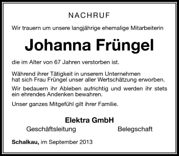 Traueranzeige von Johanna Früngel von Südthüringer Presse