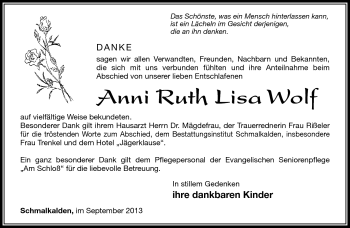 Traueranzeige von Anni Ruth Lisa Wolf von Südthüringer Presse