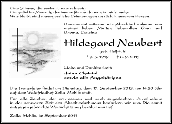 Traueranzeige von Hildegard Neubert von Südthüringer Presse