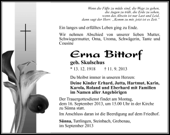 Traueranzeige von Erna Bittorf von Südthüringer Presse