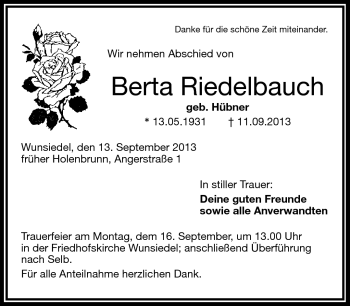 Traueranzeige von Riedelbauch Berta von Frankenpost