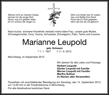 Traueranzeige von Marianne Leupold von Frankenpost