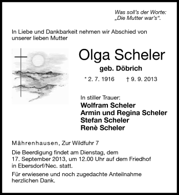 Traueranzeige von Olga Scheler von Neue Presse Coburg