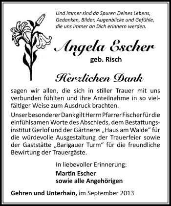 Traueranzeige von Angela Escher von Südthüringer Presse