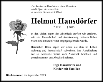 Traueranzeige von Helmut Hausdörfer von Südthüringer Presse