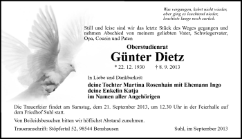 Traueranzeige von Günter Dietz von Südthüringer Presse