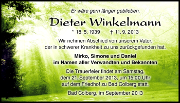 Traueranzeige von Dieter Winkelmann von Südthüringer Presse