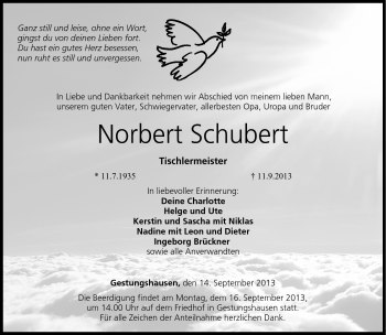 Traueranzeige von Norbert Schubert von Neue Presse Coburg