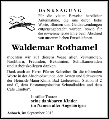 Traueranzeige von Waldemar Rothamel von Südthüringer Presse