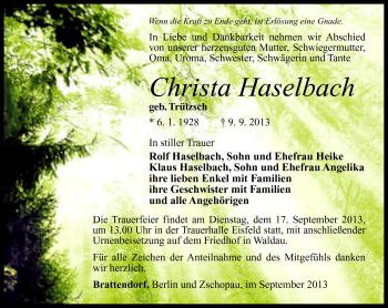 Traueranzeige von Christa Haselbach von Südthüringer Presse