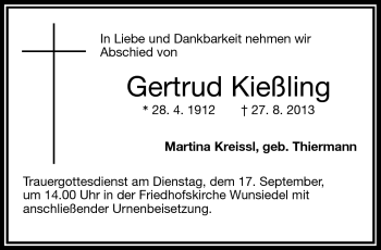 Traueranzeige von Gertrud Kießling von Frankenpost