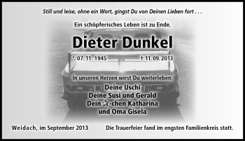 Traueranzeige von Dieter Dunkel von Neue Presse Coburg