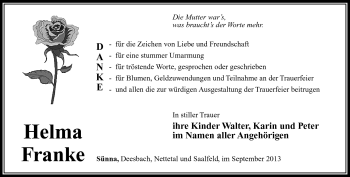 Traueranzeige von Helma Franke von Südthüringer Presse