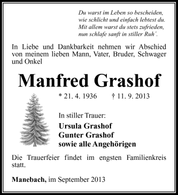 Traueranzeige von Manfred Grashof von Südthüringer Presse