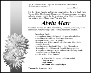 Traueranzeige von Alwin Marr von Südthüringer Presse