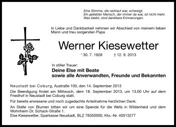 Traueranzeige von Werner Kiesewetter von Neue Presse Coburg
