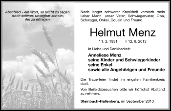 Traueranzeige von Helmut Menz von Südthüringer Presse