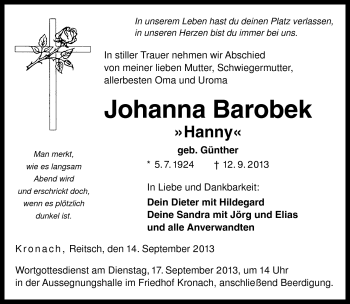Traueranzeige von Johanna Barobek von Neue Presse Coburg