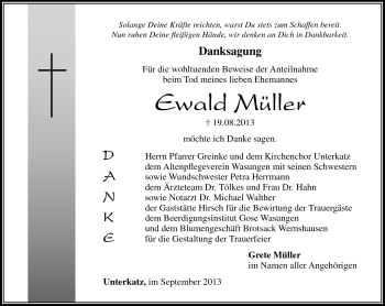 Traueranzeige von Ewald Müller von Südthüringer Presse
