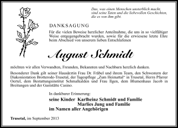 Traueranzeige von August Schmidt von Südthüringer Presse