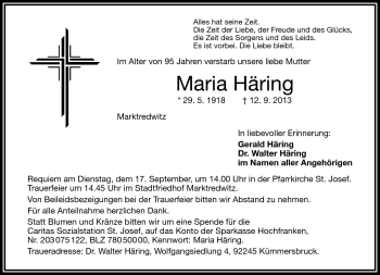 Traueranzeige von Maria Häring von Frankenpost