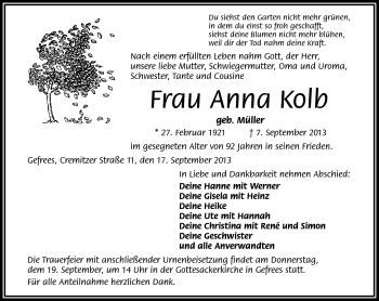 Traueranzeige von Anna Kolb von Frankenpost